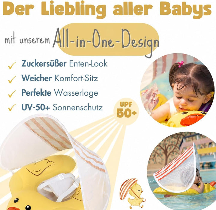 EDWEKIN® Einzigartiger Baby Schwimmtrainer mit abnehmbarem Sonnendach, Ente Schwimmring Baby, Baby S