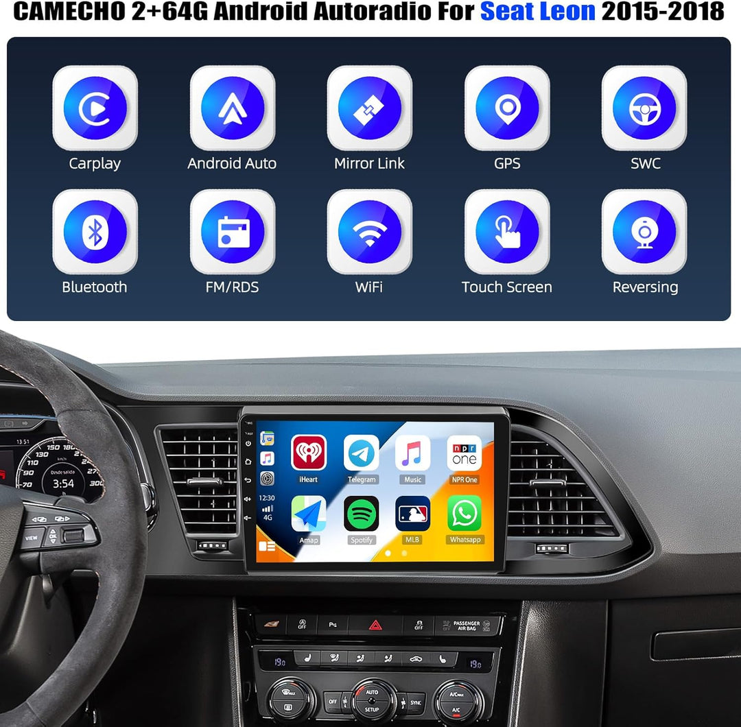 CAMECHO 2+64G 9 Zoll Navi Autoradio für Seat Leon 2015-2018 Android 13 mit Rückfahrkamera, GPS, WiFi