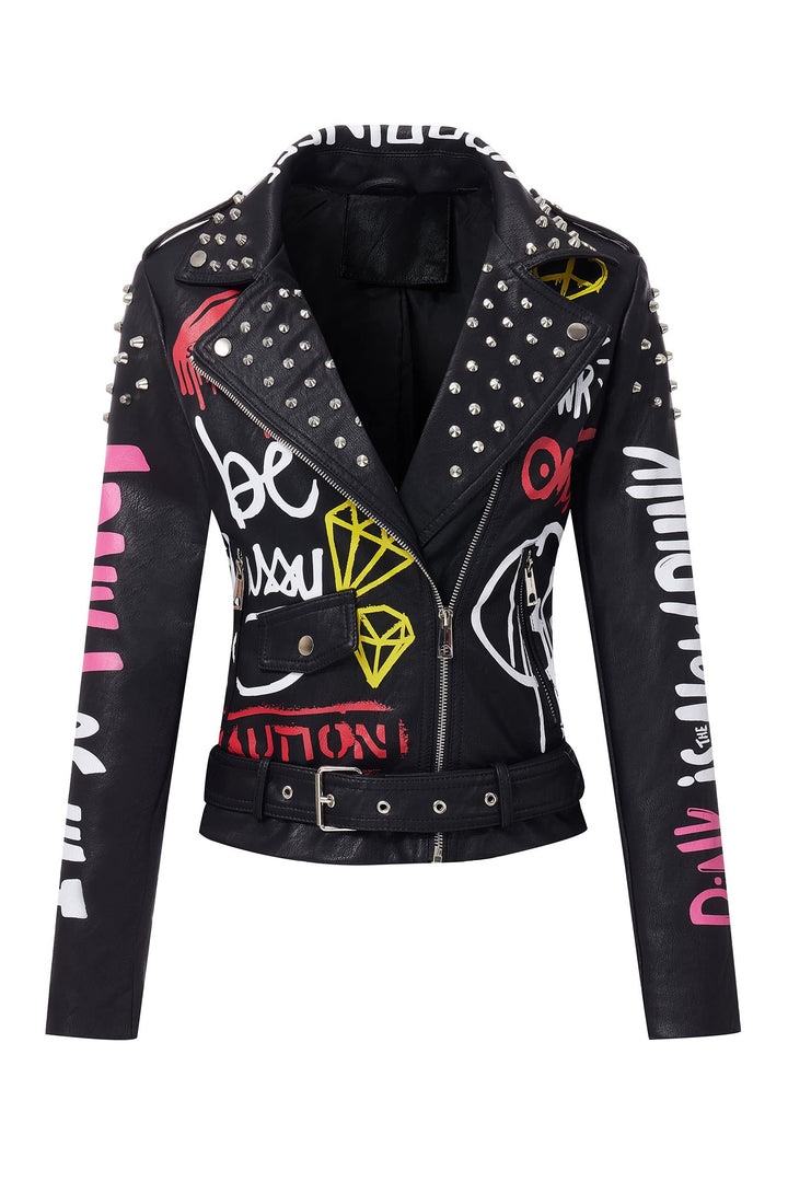 Giolshon Damen Kunstleder Jacke Nieten Floral Moto Biker Kurzer Revers Mantel, S Schwarz