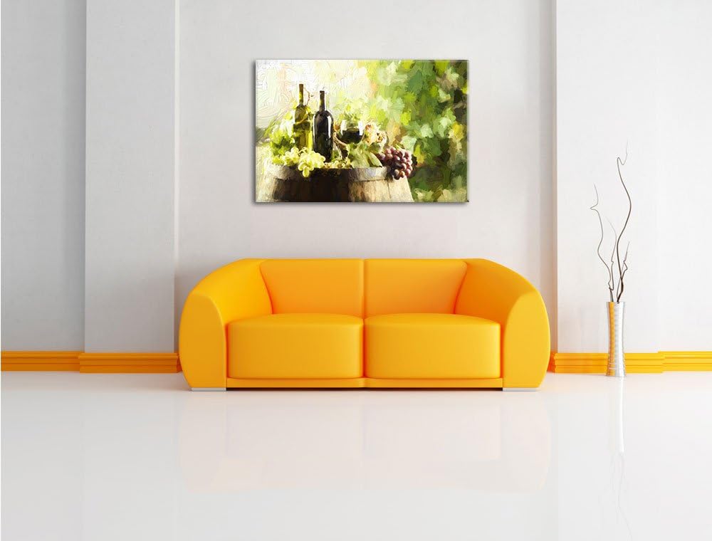 Pixxprint Wein mit Weintrauben auf Fass als Leinwandbild/Grösse: 100x70 cm/Wandbild/Kunstdruck/ferti
