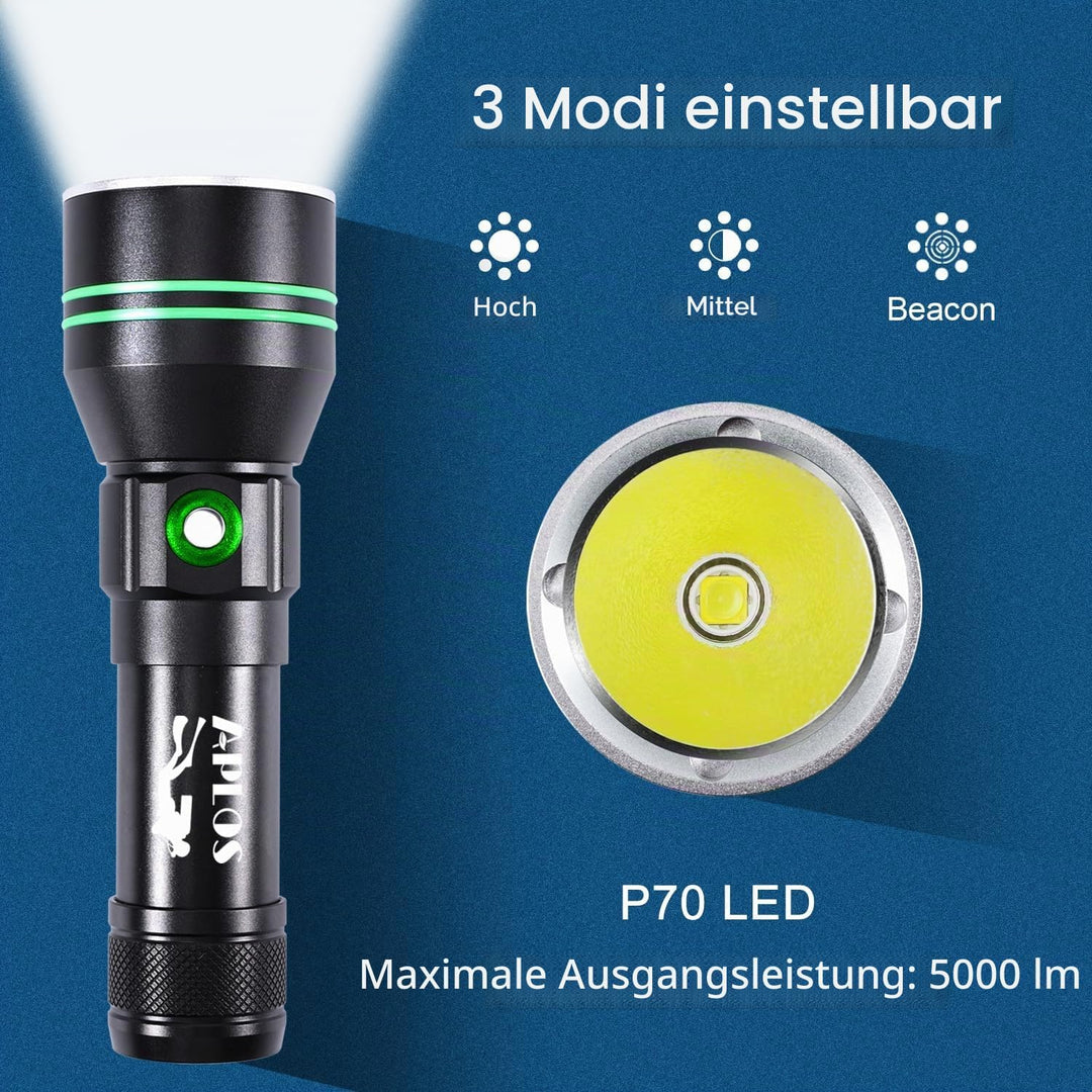 APLOS AP50 Tauchen Taschenlampe 5000 Lumens, Superhelle Professionelle Tauchlampe, IPX8 Wasserdicht