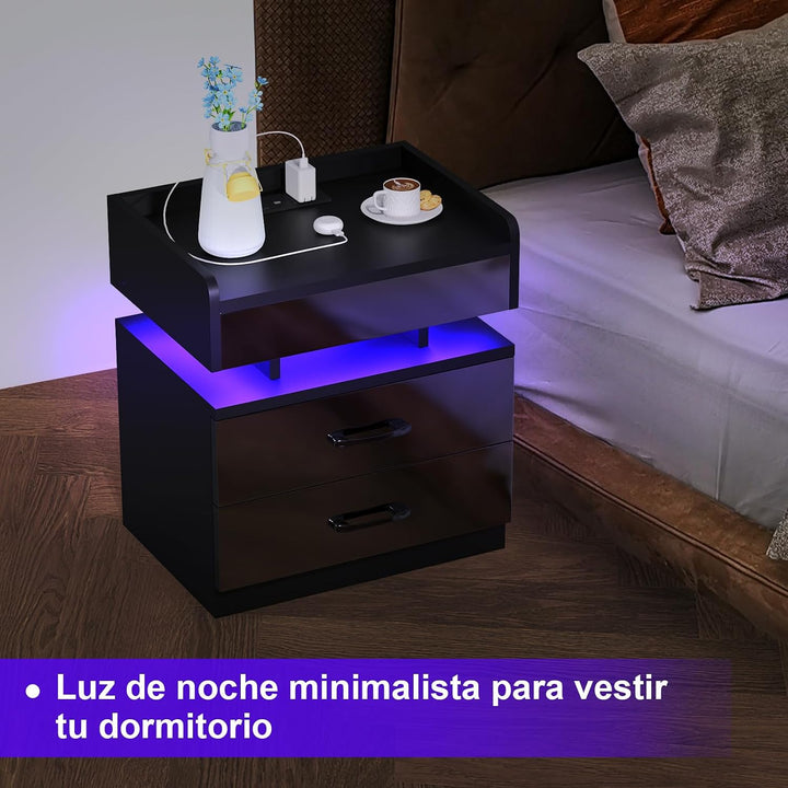 2er Set Nachttisch mit Steckdosen und USB-Anschlüsse, LED Licht 16 Farben Beleuchtung, Schublade und