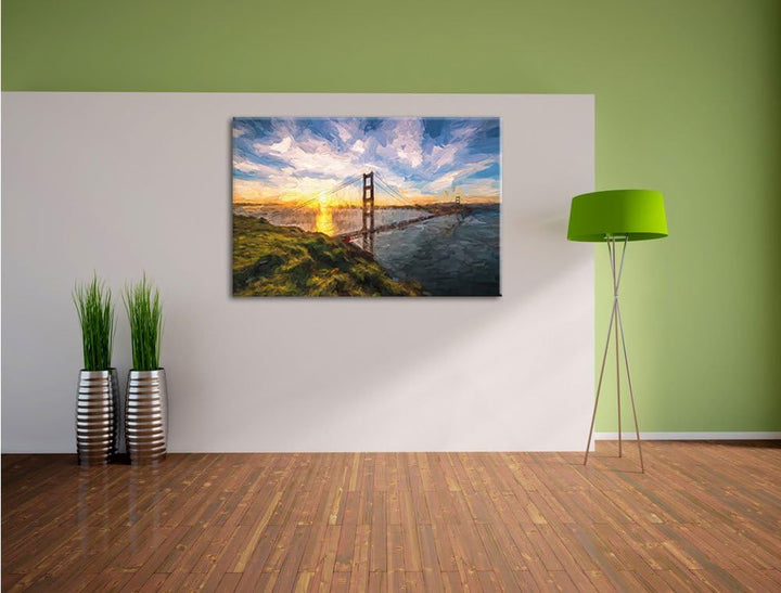 Pixxprint Gigantische Golden Gate Bridge in San Francisco Pinsel Effekt, Format: 100x70 auf Leinwand