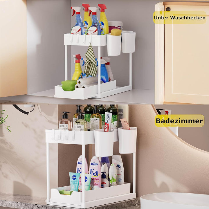 AIXPI Küchen Organizer 2 Etagen, Unter Waschbecken Regal mit Haken und Tasse Gewürzregal Spülschrank