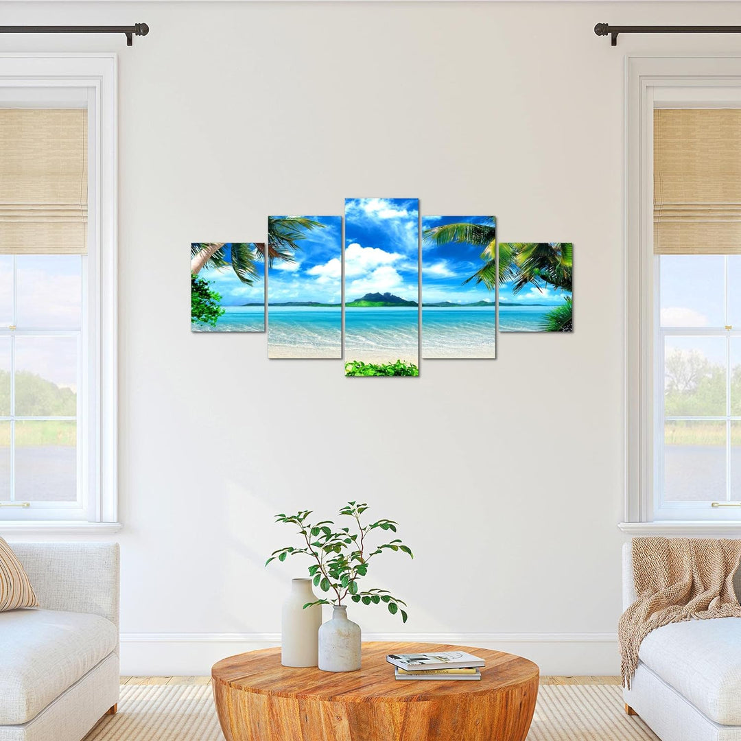 Runa Art Bild Schlafzimmer Wohnzimmer Strand Palmen 5 Teilig Meer Blau Beige Wandbilder auf Vlies Le