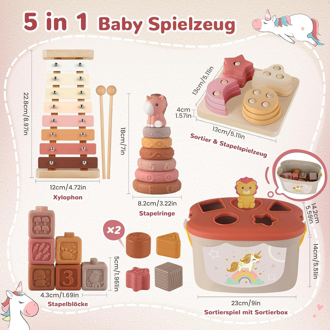 5 in 1 Baby Spielzeug 6 Monate, Montessori Spielzeug Baby, Motorikspielzeug, Stapelspielzeug Blöcken