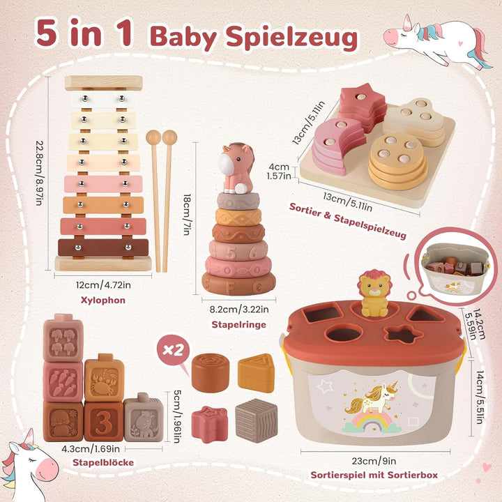 5 in 1 Baby Spielzeug 6 Monate, Montessori Spielzeug Baby, Motorikspielzeug, Stapelspielzeug Blöcken