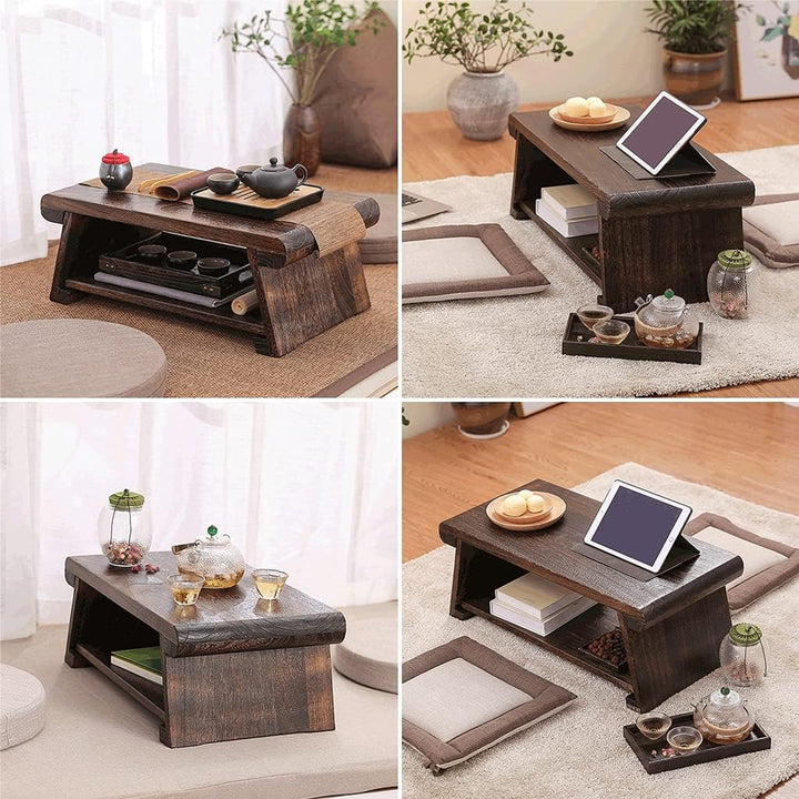 Beistelltisch, Couchtisch 2-stufig mit Ablageregal, Retro japanischer Teetisch, Tatami-Tisch für Woh