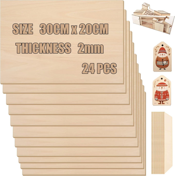 24Pcs Balsaholz Platten Sperrholz 300 x 200 x 2mm Lindensperrholz Holzplatten zum Basteln, Holzplatt