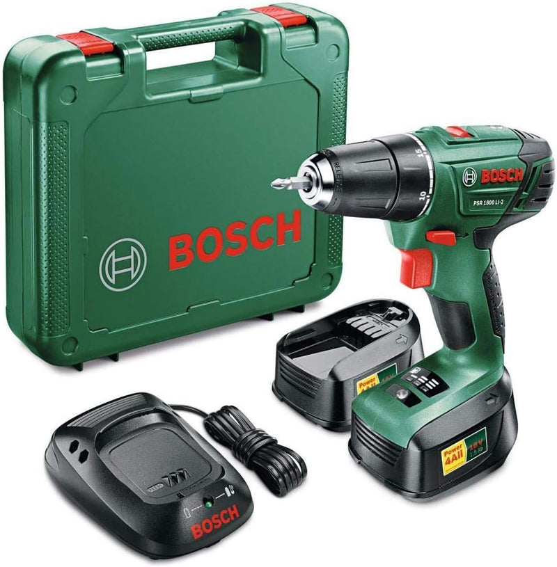 Bosch PSR 1800 LI-2 Drill ohne Schlüssel Grün 1,2 kg – Elektro-Bohrschrauber 1 cm, 3 cm, 38 Nm, 18 N