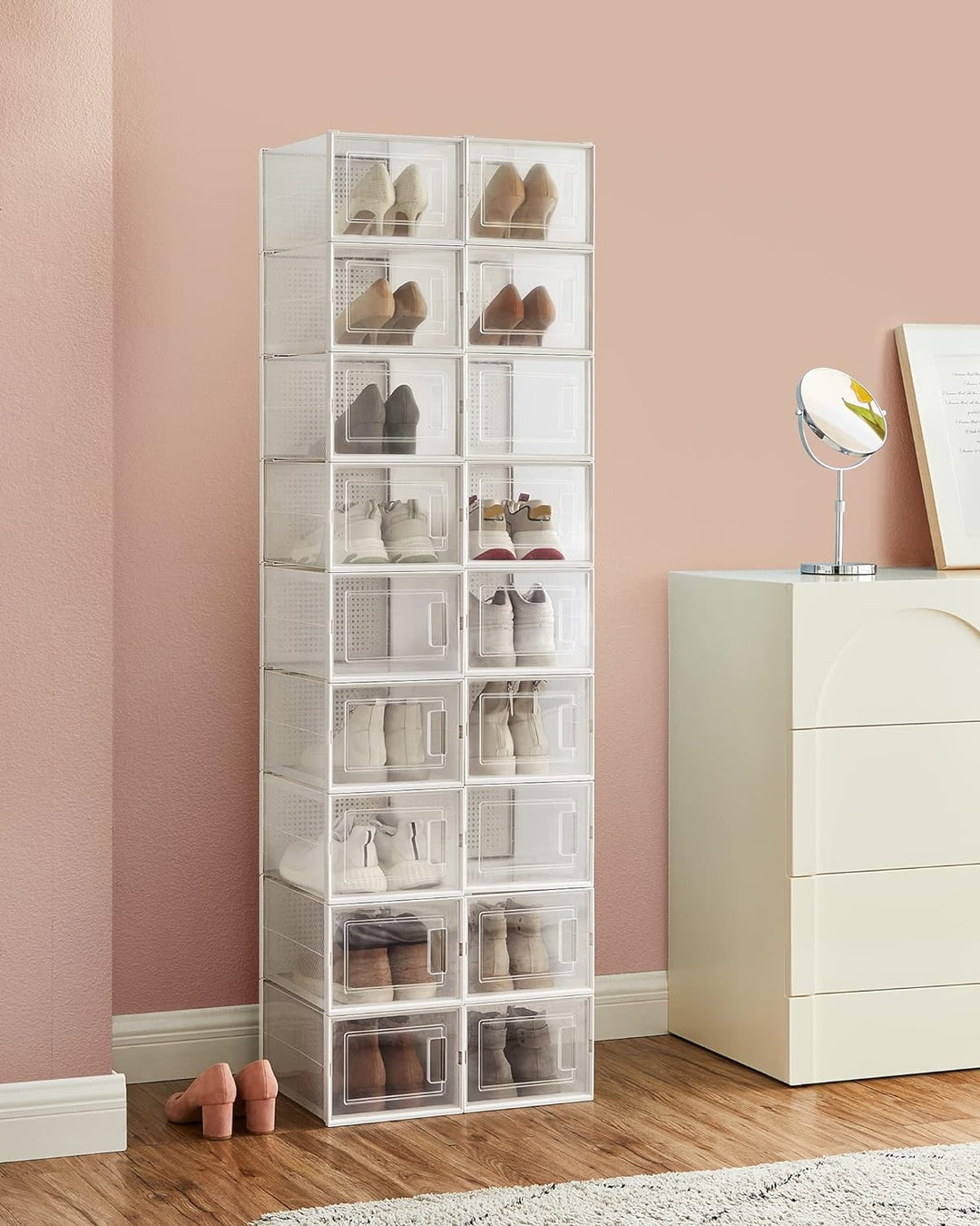 SONGMICS Schuhboxen, 18er Set, Aufbewahrungsboxen für Schuhe, Schuh-Organizer, Kunststoffboxen, falt