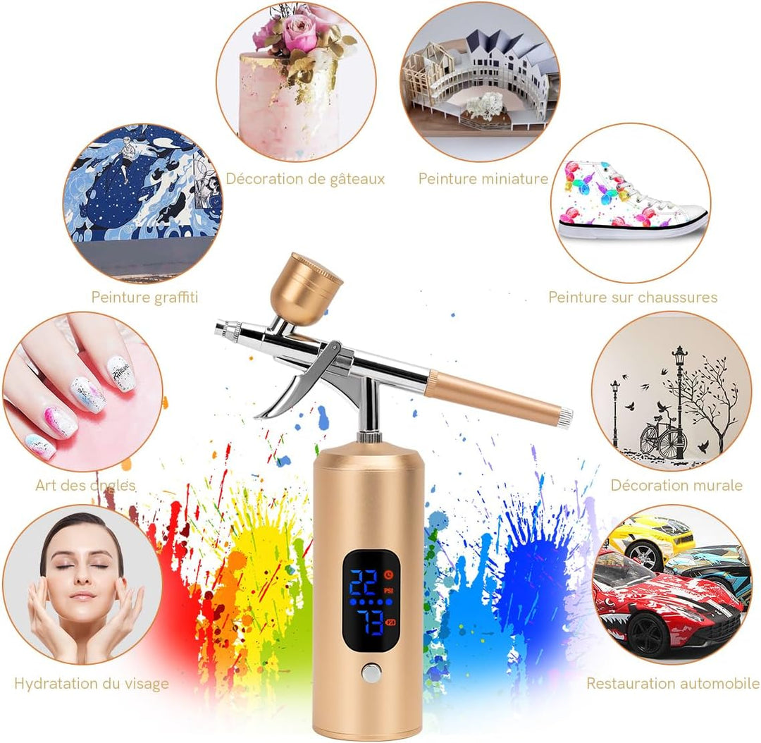 Airbrush-Set, kabellos, 38 PSI verstellbar, mit Kompressor, wiederaufladbar, LCD-Display, Verlängeru