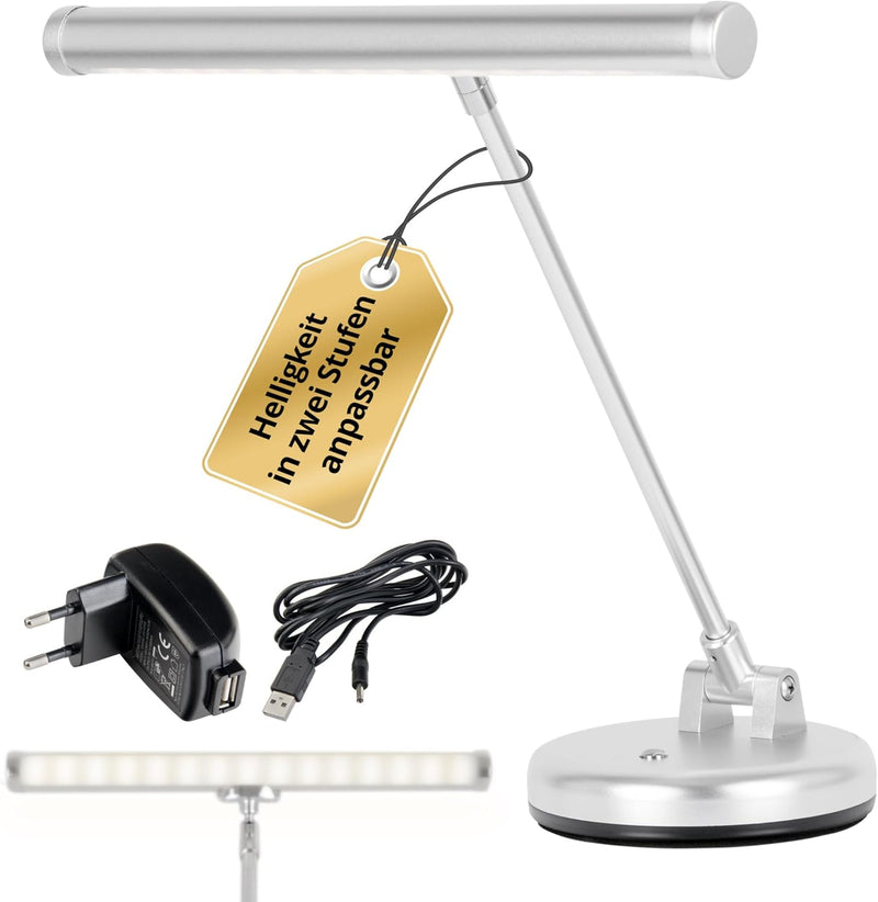 Showlite PL-1SL LED Klavierleuchte silber matt (Klavierlampe, 15 LEDs, 2 Stufen, 36 cm Höhe, Betrieb