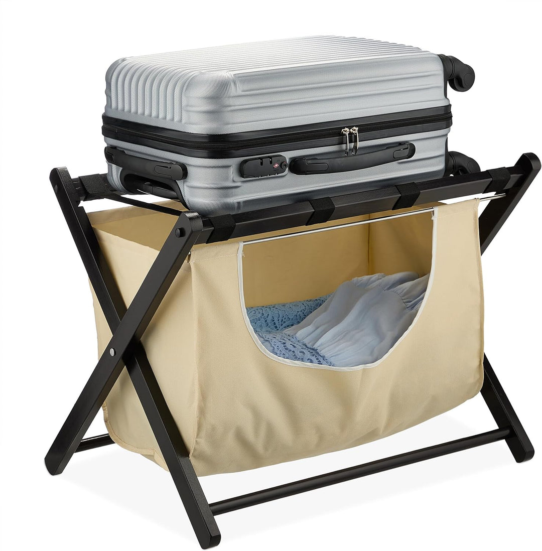 Relaxdays Kofferständer, klappbar, Holz, HxBxT: 52 x 68 x 47 cm, Gepäckständer mit Wäschesack, Hotel