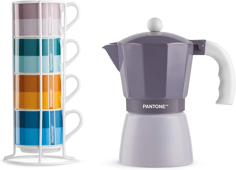 Egan Set mit 4 Kaffeetassen Impil. mit Metalrack Pantone Linear + Moka Violett 6 Tassen