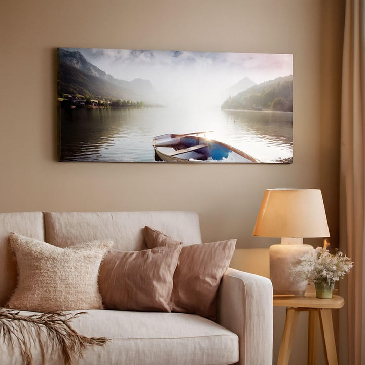 Panorama Bilder auf Leinwand Berge See Boot Leinwandbild mit Rahmen 90x30cm Wandbilder Dekoration Wo