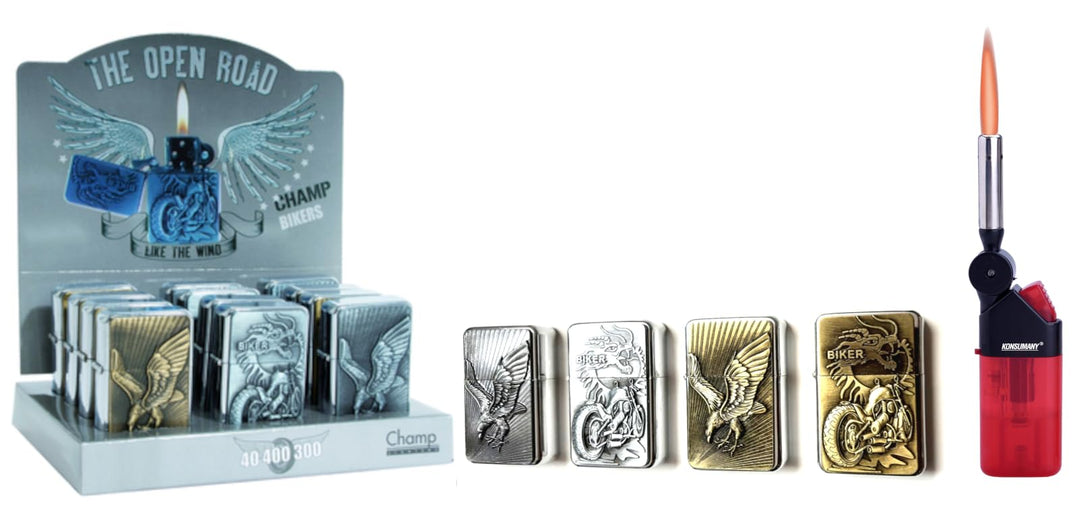 Benzinfeuerzeug Sturmfeuerzeug mit Geschenkbox “Eagle“ and “Biker“ Silber & Bronze (Wird ohne Benzin
