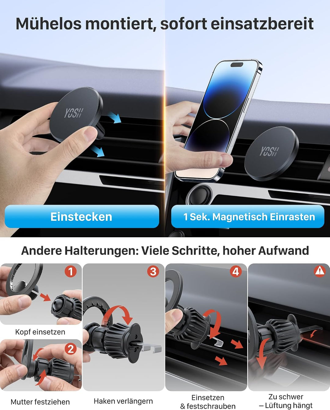 YOSH Mag-Safe Handyhalterung Auto für iPhone 15/14/13/12 Serie &amp; Magsafe-Hüllen, handyhalter Auto Ma