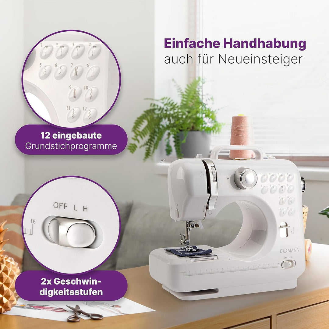 Bomann® Nähmaschine für Anfänger mit 12 Stichmustern | Sewing Machine mit Vor- u. Rückwärtsnähfunkti