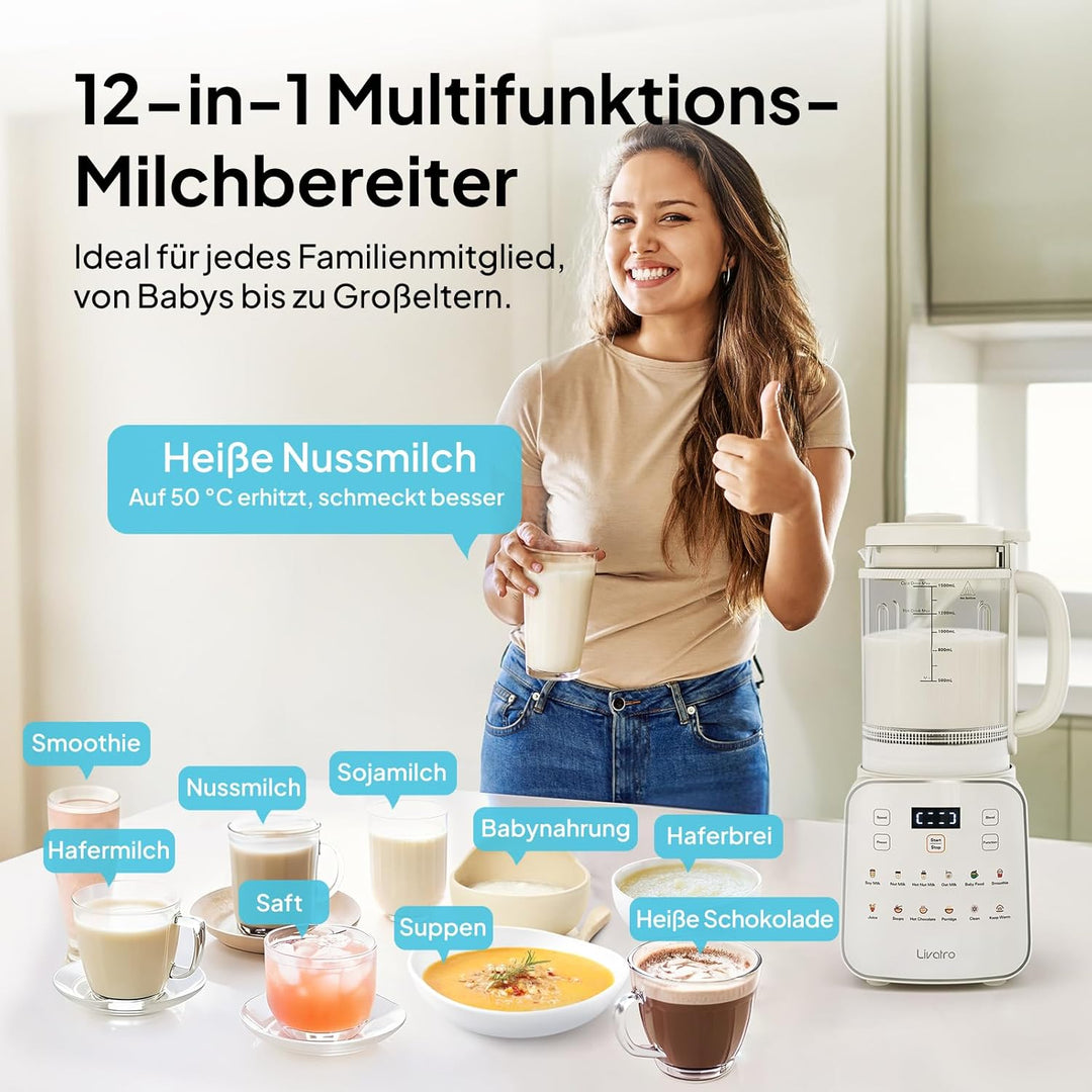 Nussmilchbereiter 12‑in‑1,1.5 Lautomatischer Sojamilchmaker,abnehmbares Design,Mandel-/Hafermilch &