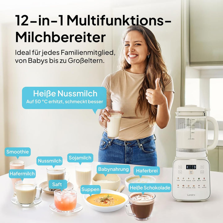 Nussmilchbereiter 12‑in‑1,1.5 Lautomatischer Sojamilchmaker,abnehmbares Design,Mandel-/Hafermilch &