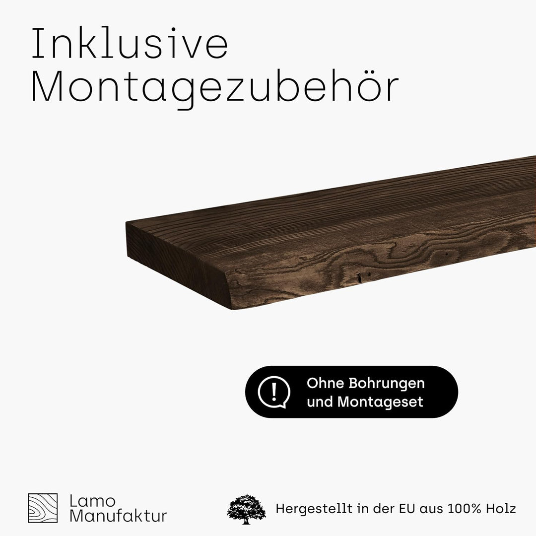 LAMO Manufaktur Wandregal Holz Baumkante | Regal Farbe: Schwarz | Pure: ohne Montage Set | 60 cm Pur