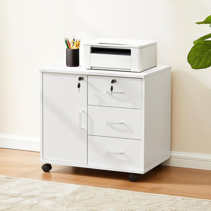 TUKAILAI Rollcontainer Aktenschrank aus Holz, Abschliessbar Büroschrank mit 3 Schubladen und Tür, Mo
