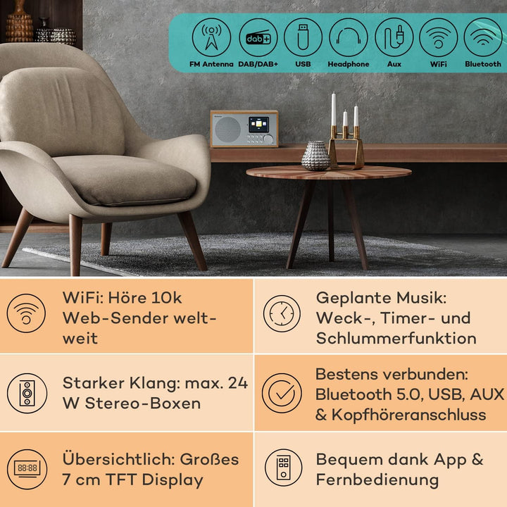 Auna Radio, Tragbares Internetradio, DAB Radio mit Bluetooth, DAB/DAB+/FM Radio mit Stereo-Lautsprec