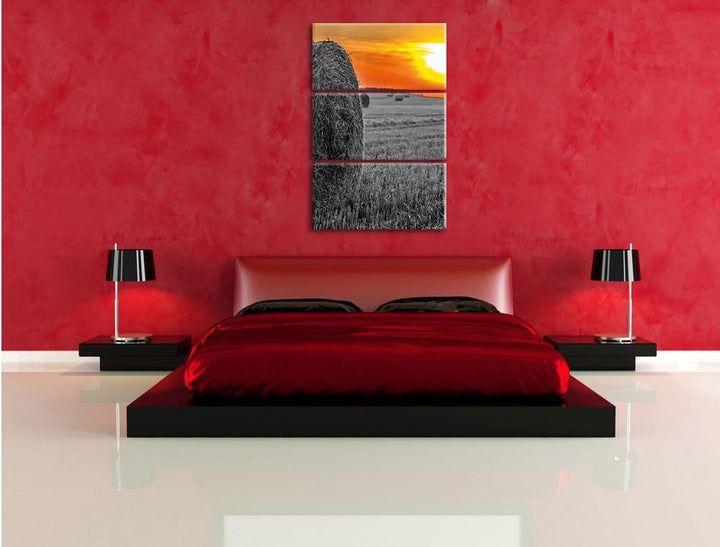 Pixxprint Strohballen bei Sonnenuntergang als Leinwandbild/Grösse: 3 Teilig (120x80) cm/Wandbild/Kun