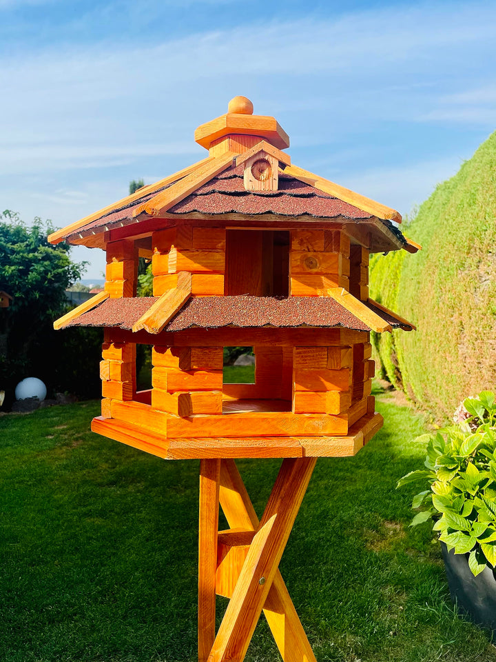 Vogelvilla wetterfest von L bis XL Futterhaus Vogelhaus mit oder ohne Ständer in Braun mit Rot, Grün