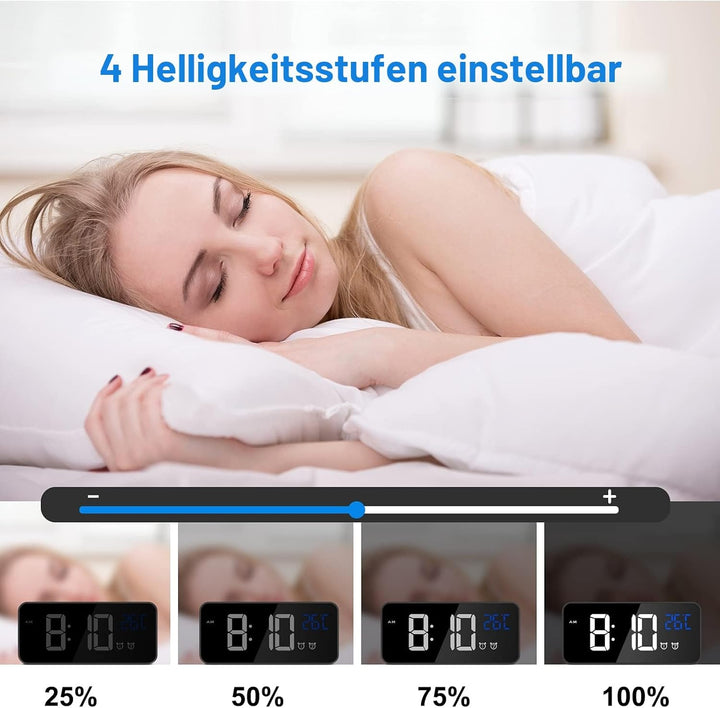 CHEREEKI Digitaler Wecker, LED Digitaluhr mit Temperaturanzeige Tragbarer Spiegelalarm Tischuhr mit