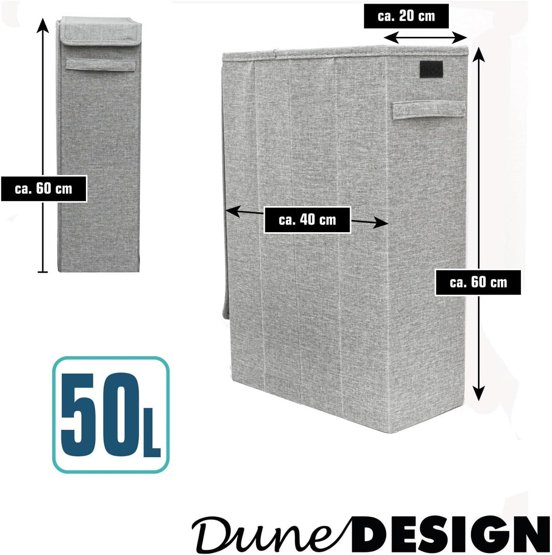 DuneDesign 20 cm Schmaler Wäschekorb mit Deckel - 50L Stabiler Holzrahmen - 20x40x60 Wäschesammler S