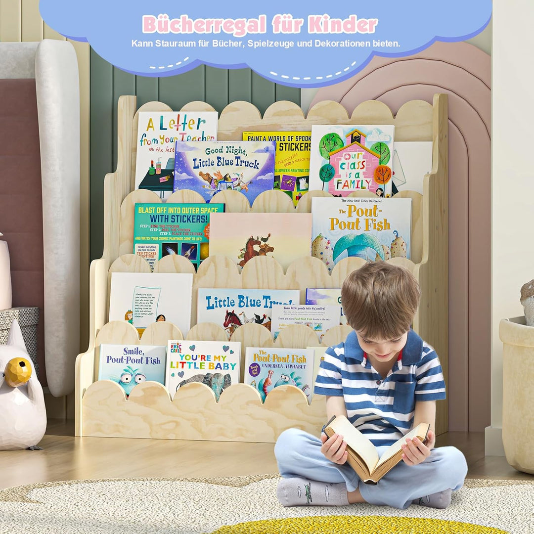 Bücherregal Kinder aus Kieferholz, Kinderregal mit 4 Ablage montessori Regal stehend für Kinderzimme
