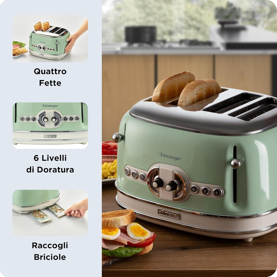 Ariete,156 Toaster im Vintage-Design für 4 Scheiben, 1600 W, 6 Toaststufen, aus lackiertem Edelstahl