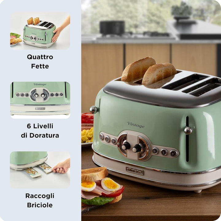 Ariete,156 Toaster im Vintage-Design für 4 Scheiben, 1600 W, 6 Toaststufen, aus lackiertem Edelstahl
