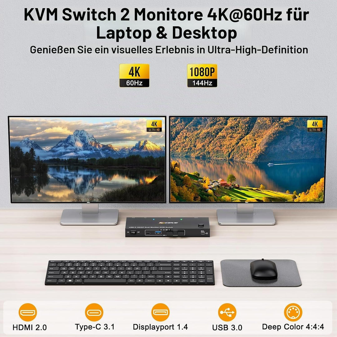 KVM Switch Laptop PC 2 Monitore, KVM Switch 2 PC 2 Monitore USB C DP HDMI Teilen 4 USB 3.0 Ports, 4K