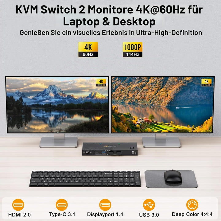 KVM Switch Laptop PC 2 Monitore, KVM Switch 2 PC 2 Monitore USB C DP HDMI Teilen 4 USB 3.0 Ports, 4K