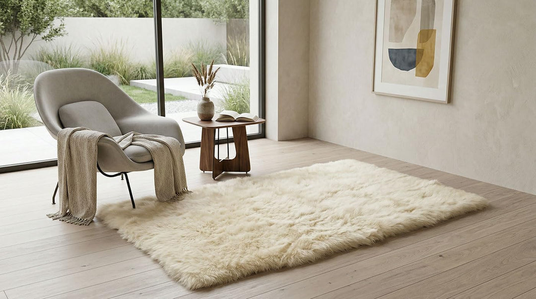 LAMMFELL TEPPICH CHAMPAGNER CREME WEISS CA. 200 x 110 cm FELL TEPPICH KURZWOLLIG AUS 4 SCHWEDISCHEN