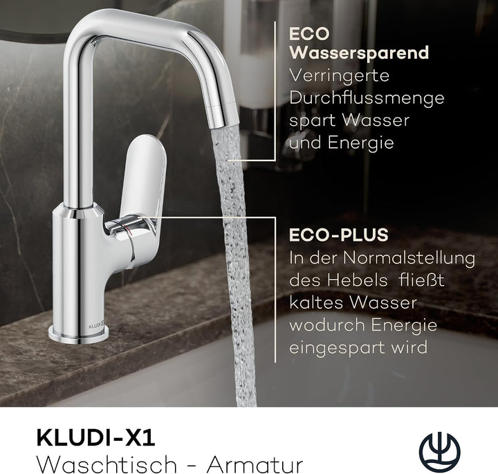 KLUDI-X1 Waschtischarmatur, 360° schwenkbar, Auslaufhöhe 205 mm, wassersparender Wasserhahn Bad Grös