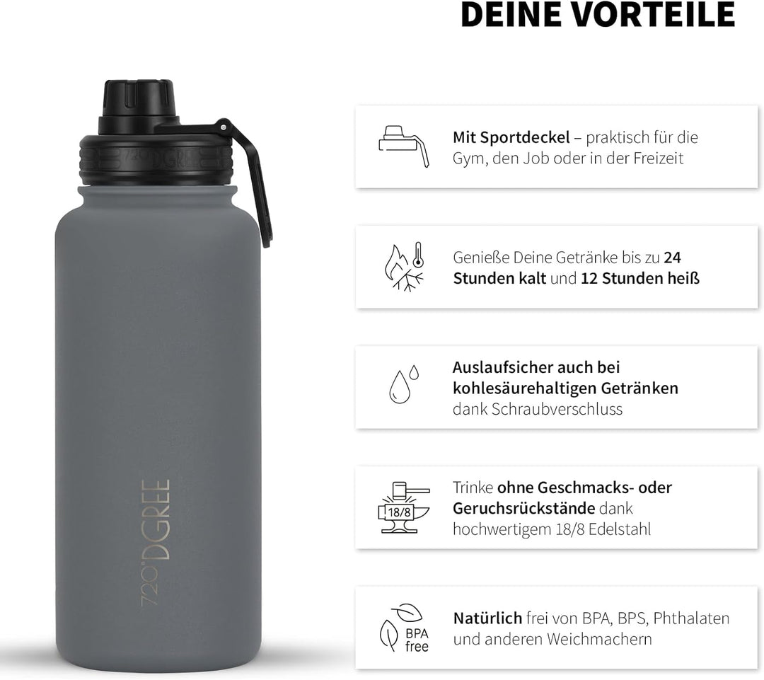 720°DGREE Edelstahl Thermo Trinkflasche 950ml “noLimit” +Früchtebehälter - Auslaufsicher, Kohlensäur