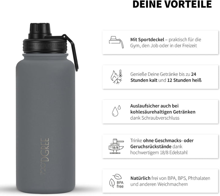 720°DGREE Edelstahl Thermo Trinkflasche 950ml “noLimit” +Früchtebehälter - Auslaufsicher, Kohlensäur