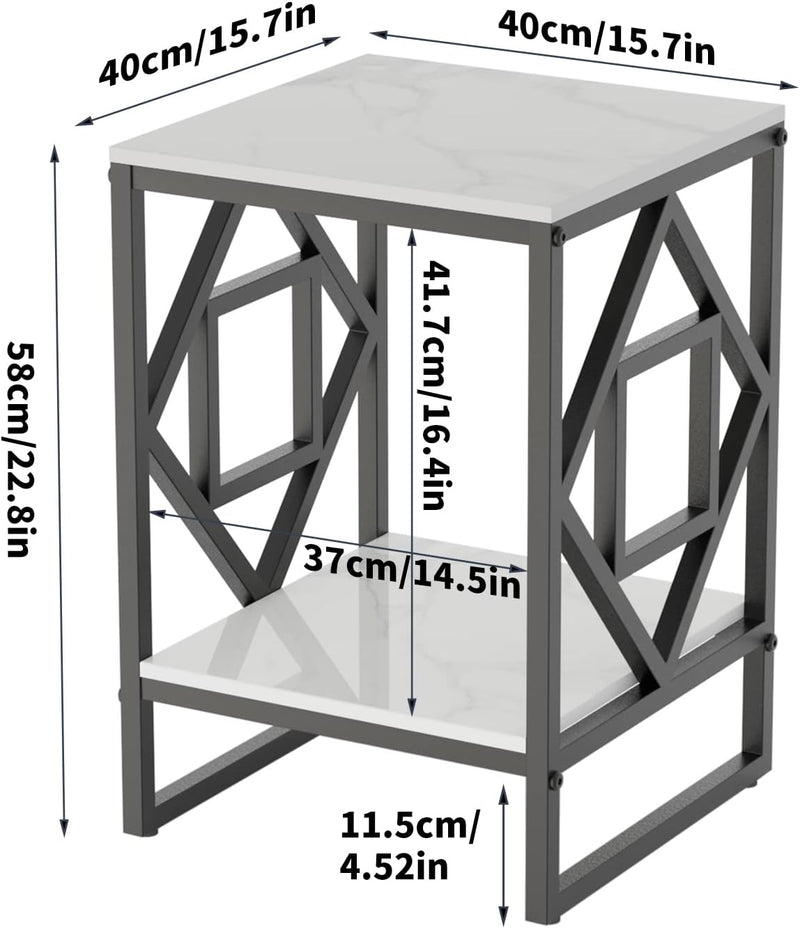 FATIVO Beistelltisch Nachttisch Couchtisch Marmor: 2-Ablagen Weiss Marmor Tischplatte - Skandinavisc