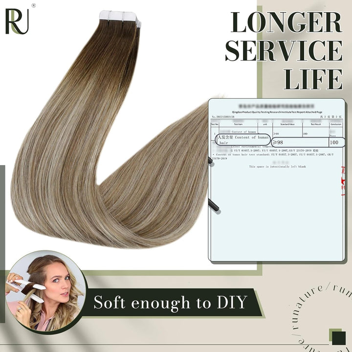 RUNATURE Echthaar Extensions Tape 50cm Braun Balayage Blond Lang Tape in Extensions Ombre Braun 20 S