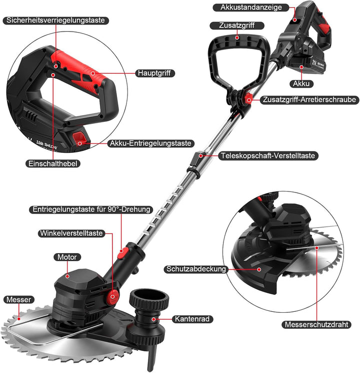 Rasentrimmer mit Akku 21V, 4-in-1 Freischneider & Motorsense 24000 RPM, Rasenkantenschneider inkl. 2