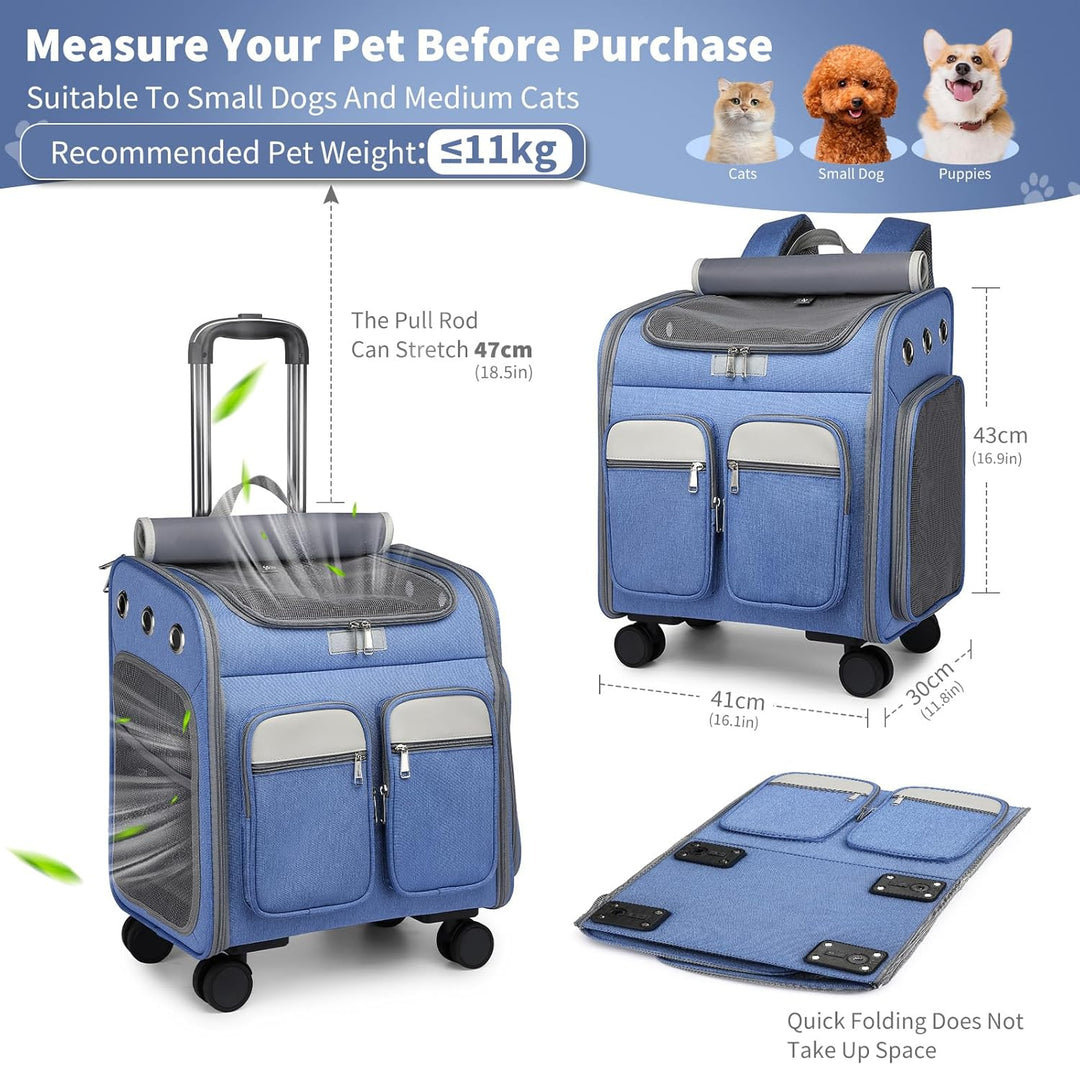 PETCUTE Katzenrucksack Hunderucksack mit Trolley 2 in 1 bis 11 kg,Faltbarer Hundetrolley mit 4 Räder