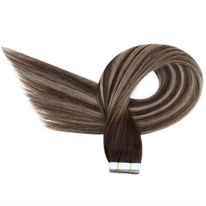 Ugeat Tape in Extensions Echthaar 50 cm Extensions Echthaar Tape in Balayage Dunkelbraun mit Aschblo