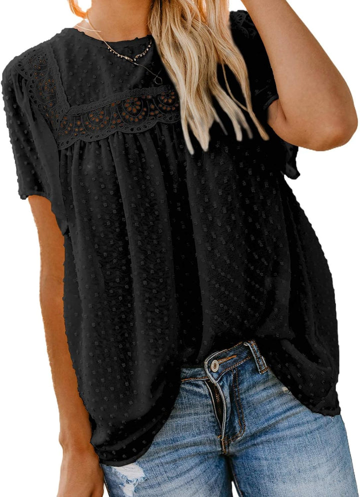 Dokotoo Damen Bluse Elegant Spitzen Chiffonbluse Rundhals Lose Tunika Hemd Frühling Sommer Boho Ober