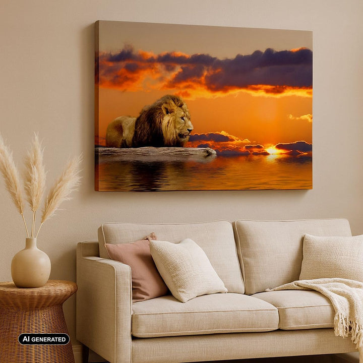 ARTTOR Bilder auf Leinwand 100x70cm Leinwandbild Löwe Sonne Landschaft Gross Wanddeko Bild Schlafzim