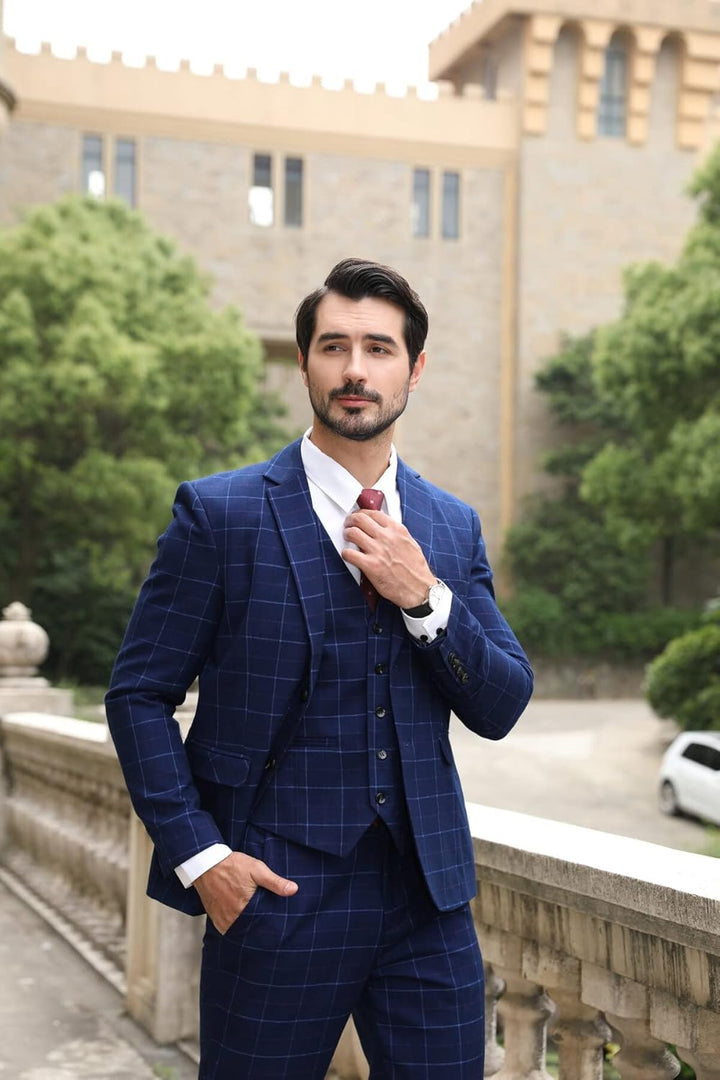 Allthemen Herre Anzug Kariert Herrenanzug Slim Fit 3 Teilig Anzüge für Business Hochzeit L #6238 Dun