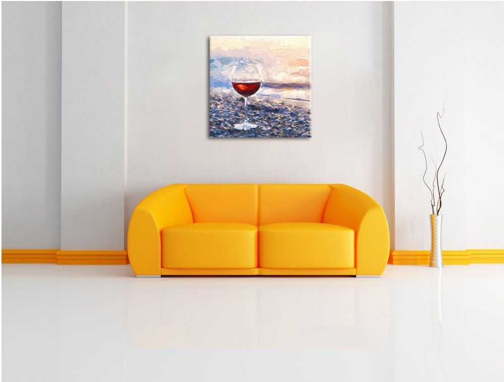 Pixxprint Weinglas am Steinstrand Pinsel Effekt, Format: 70x70 auf Leinwand, 70x70